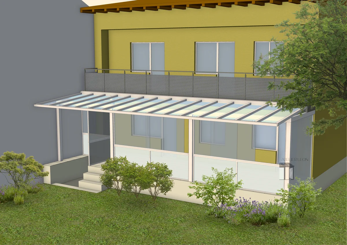 3D-Visualisierung eines geplanten Wintergartens an einem Wohnhaus