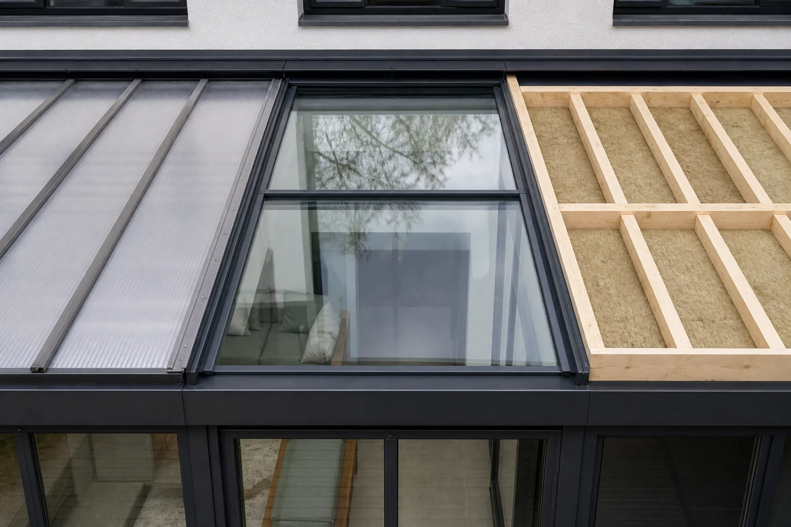 Drei Dachoptionen: Polycarbonat, Glas und gedämmte Holzkonstruktion